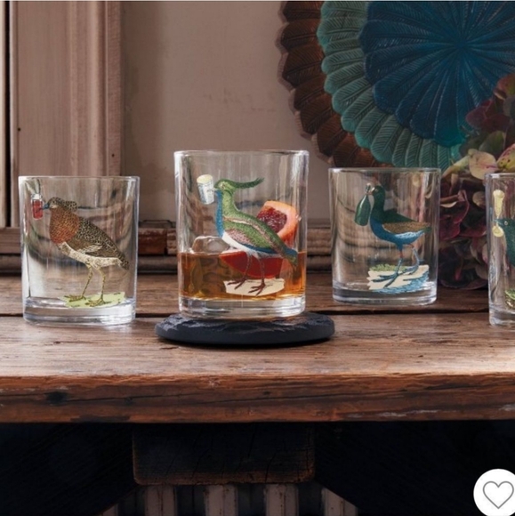 John Derian Multicolor Assorted bird highball Designs Cocktail Glasses 4 pcs Set - Picture 2 of 11